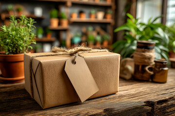 Craft Gift Box with Blank Tag and Plant in Rustic Setting. Mock up promotion information for marketing announcements and details, blank white space