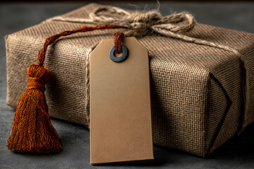 Wrapped Gift with Burlap Fabric and Blank Tag for Personalized Message. Mock up promotion information for marketing announcements and details, blank white space