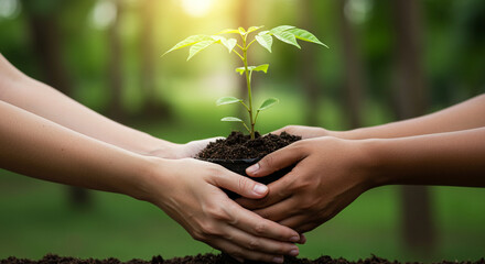 Fototapeta premium Hands holding a small tree in soil Generative AI