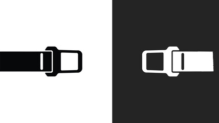 A graphic illustration of a seatbelt buckle in black and white on a split background design style