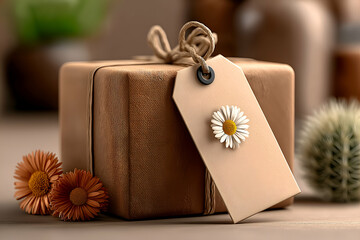 Present with Flower Tag and Orange Flowers A Thoughtful Gift Concept. Mock up promotion information for marketing announcements and details, blank white space