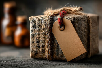 Present Wrapped in Burlap with Brown Tag on Rustic Surface. Mock up promotion information for marketing announcements and details, blank white space