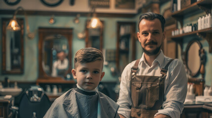 Young caucasian boy with adult barber in vintage barbershop setting