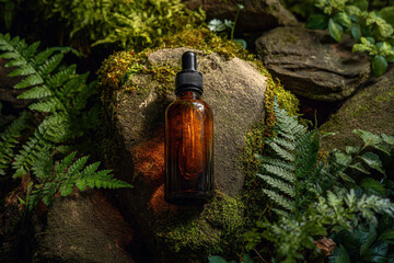Amber Essential Oil Bottle on Mossy Rocks