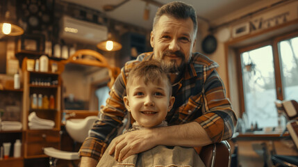 Caucasian father and son enjoying a haircut at a cozy barber shop