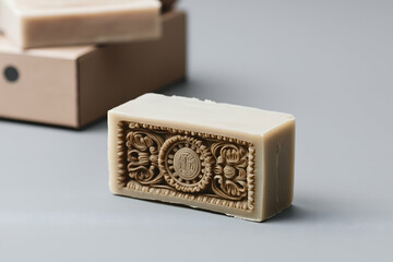 Artisan Soap Bar with Intricate Design and Natural Packaging Concept. Mock up promotion information for marketing announcements and details, blank white space
