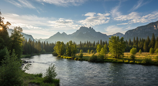 Nature landscape with river, forest and mountains Generative AI