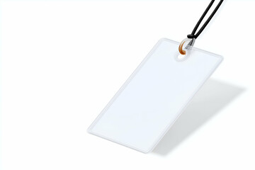 Blank Clear Plastic Tag with Black Cord on White Background. Mock up promotion information for marketing announcements and details, blank white space