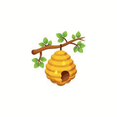 A bee hive hangs on a tree branch vector illustration in cartoon childish style isolate