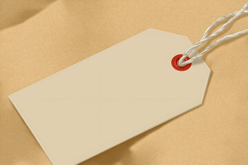 Blank Tag Mockup on Textured Tan Background with String Detail. Mock up promotion information for marketing announcements and details, blank white space
