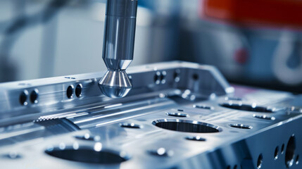 Precision cnc machining of metal component with drill bit in industrial setting