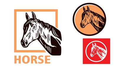 strong and healthy head horse in rectangle logo, silhouette of smart mare vector illustrations