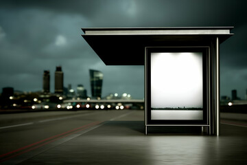 Outdoor Advertising Billboard at Bus Stop with City Skyline in Background. Mock up promotion information for marketing announcements and details, blank white space