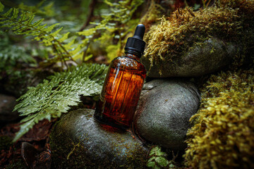 Amber Essential Oil Bottle on Mossy Rocks