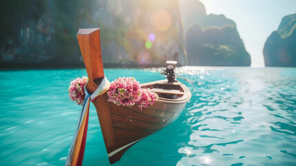 Traditional wooden boat with flowers on turquoise water in sunny tropical bay
