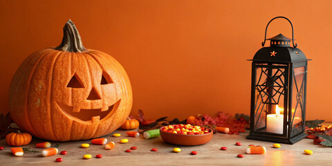 Carved Halloween Pumpkin with Grinning Face Detailed Texture.