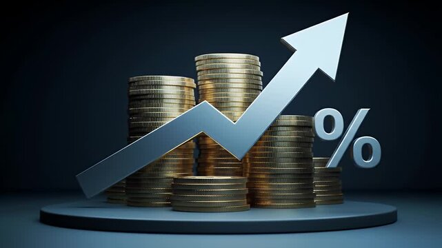 Stacks of Gold Coins with Upward Arrow and Percentage Sign on Blue Background