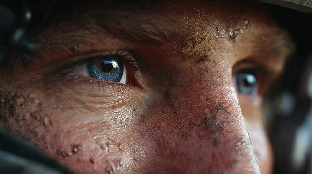 Close-up of a Soldier's Face, Dirt and Determination