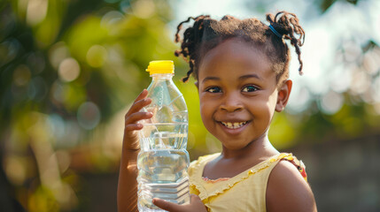 Happy african child holding recycled plastic bottle outdoors in sunshine