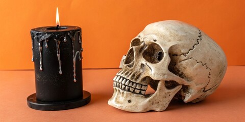 Eerie Halloween Still Life Skull and Dripping Black Candle on Orange Backdrop.