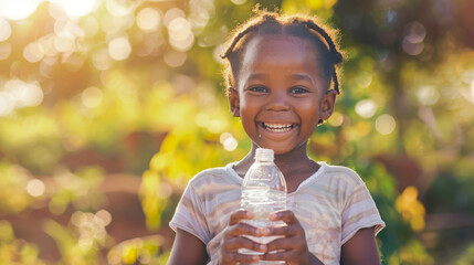 Smiling african child holding water bottle in sunlit garden