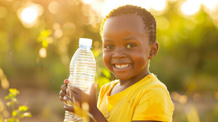 African young child smiling holding water bottle outdoors in sunlight