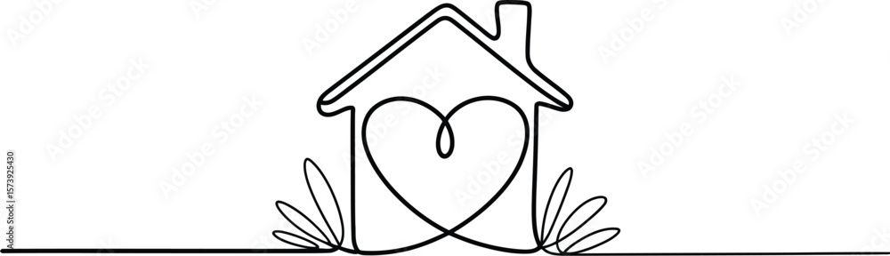 Poster continuous line drawing of a house with a heart inside and plants on either side on a white backgrou