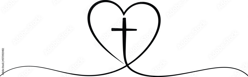 Poster a simple line drawing of a heart shape with a cross inside on a white background illustration art