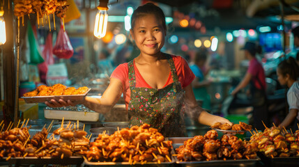 Asian female street food vendor offering grilled skewers at night market