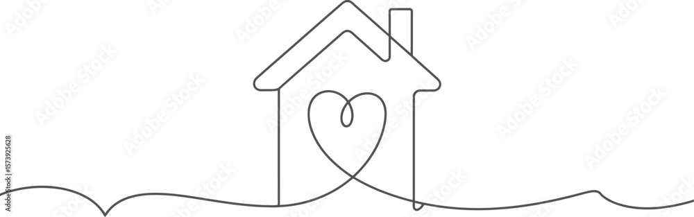 Poster a single line drawing of a house with a heart inside and a wavy line underneath on a white backgroun