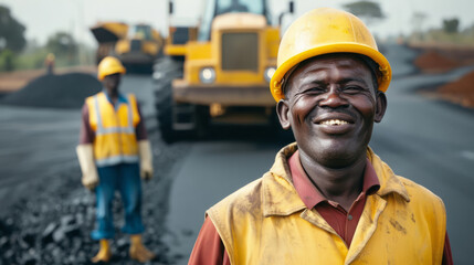 African male construction workers smiling on road construction site with heavy machinery
