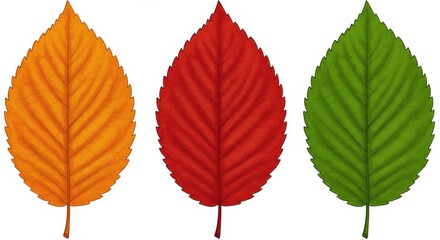 Obraz premium Three colorful autumn leaves in orange red and green on white background