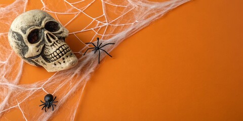 Halloween Still Life Skull Spiders and Web on Orange Background.