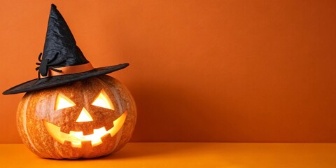Illuminated Jackolantern in Witchs Hat Halloween Minimalist Still Life.