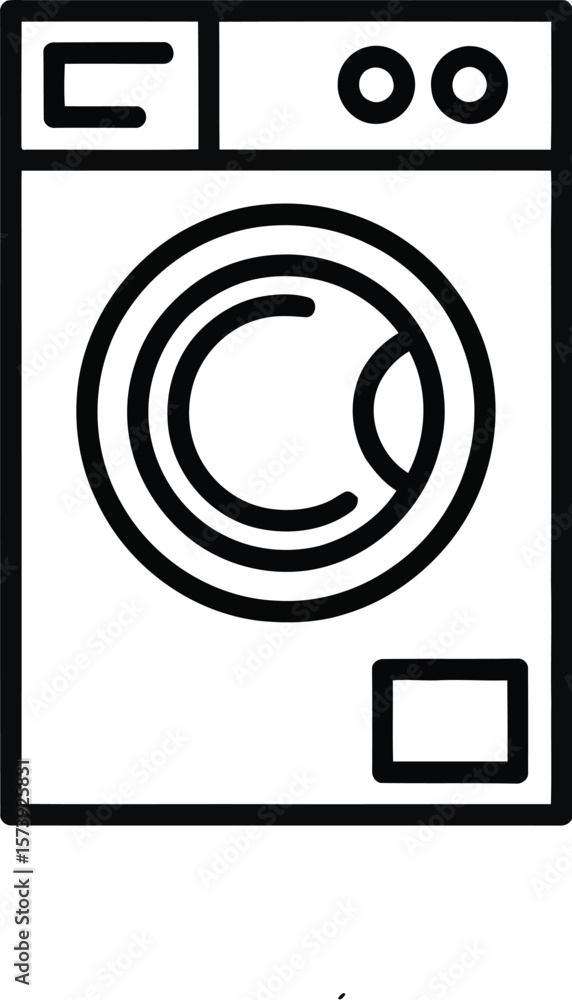 Poster a simple line drawing of a front loading washing machine on a plain white background in a minimalist