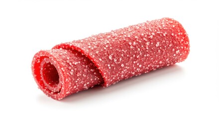 Close up of a rolled up red fruit leather candy covered in sugar crystals
