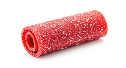Close up of a rolled red sour candy strip covered in sugar crystals on a white background
