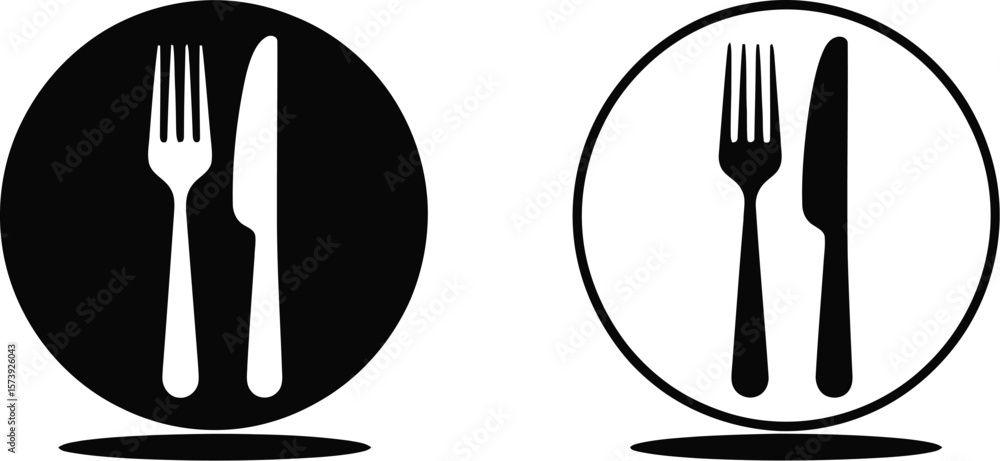 Aufkleber a graphic representation of a fork and knife in two circles with contrasting black and white color s