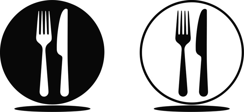 A graphic representation of a fork and knife in two circles with contrasting black and white color schemes