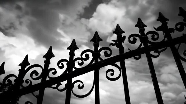 Black wrought iron fence against cloudy sky in monochrome