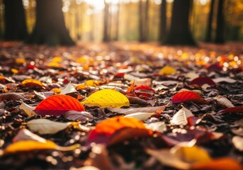 Obraz premium Autumn Leaves Path Sunlight - Colorful autumn leaves scattered on a forest path, bathed in warm sunlight.