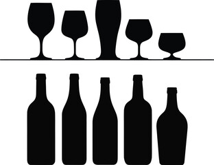 A graphic illustration of wine bottles and glasses in black silhouette on a light gray background