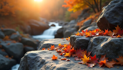 Autumn Leaves on Gray Rocks Near Waterfall at Sunset