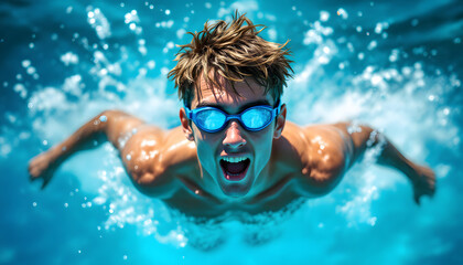 Determined Swimmer Wearing Blue Goggles Racing in Sparkling Turquoise Water