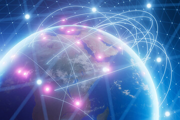 A blue globe Earth with many lines and dots on it