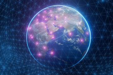 Obraz premium A blue and purple planet Earth with a network of lines connecting it