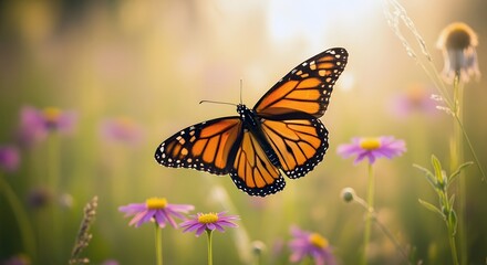 Fototapeta premium Monarch Butterfly Flying in Sunny Meadow with Purple Flowers