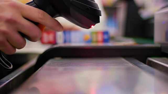 Hand scanning a checkout conveyor belt with a red laser barcode scanner