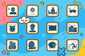 Sleep disorder set icon. Tired man, dreamcatcher, sitting on bed, sleep mask, alarm clock, sleepy face, pillow, pain during sleep, melatonin, no caffeine, sheep, desk nap