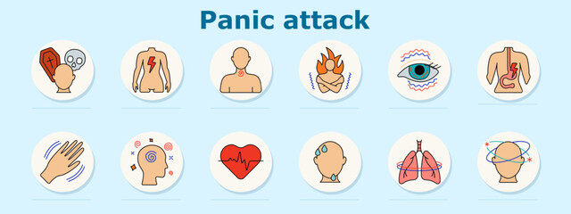 Panic attack set icon. Shows stethoscope, chest fire, tired person, dizziness glasses, heartburn, stomach pain, lungs, inflamed intestine, vomiting, ear ringing, crouched posture, trembling hand